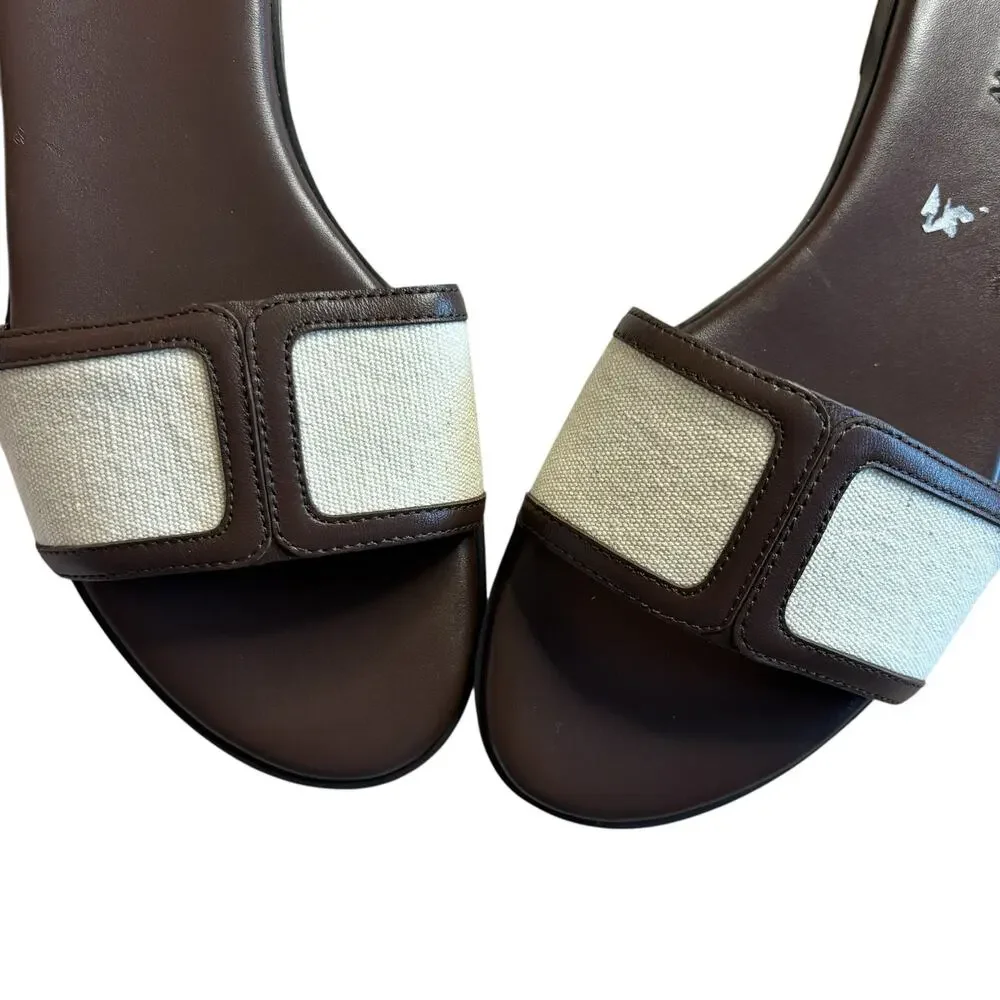 J.Crew Brown Leather Slide Sandals Ivory Strap Minimalist Summer Flat Size 8.5